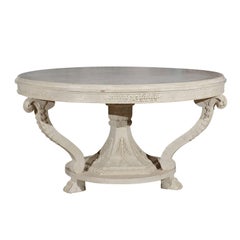 Antique French 1800s Empire Period Light Grey Painted Table with Palmettes and Paw Feet