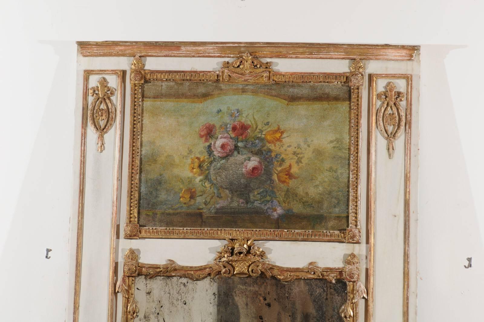 Louis XV Style French Wooden Trumeau Mirror with Painted Bouquet, circa 1850 In Good Condition In Atlanta, GA