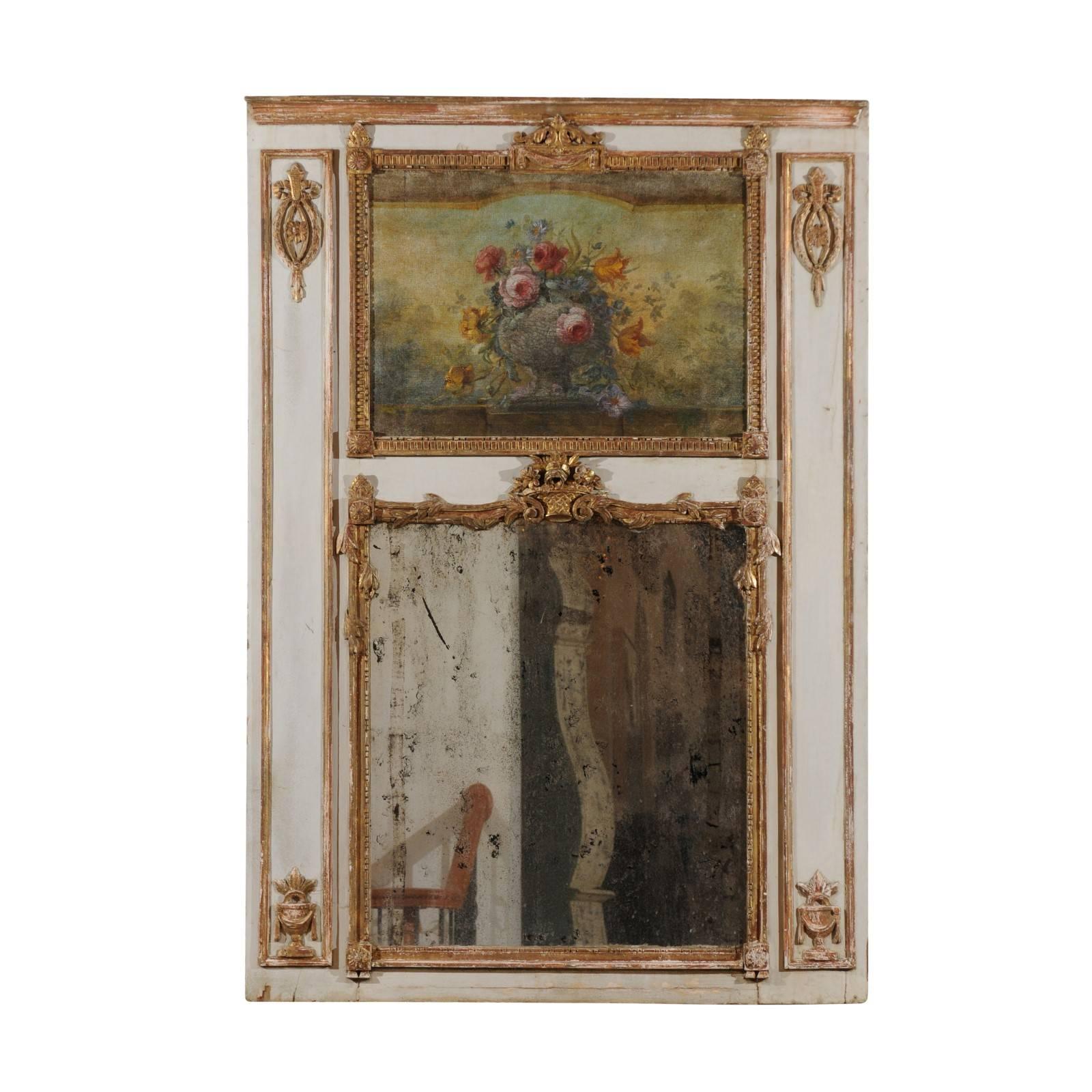 Louis XV Style French Wooden Trumeau Mirror with Painted Bouquet, circa 1850