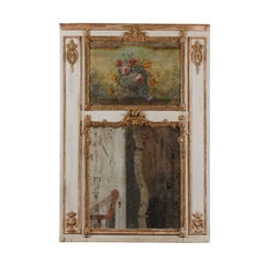 Antique Louis XV Style French Wooden Trumeau Mirror with Painted Bouquet, circa 1850