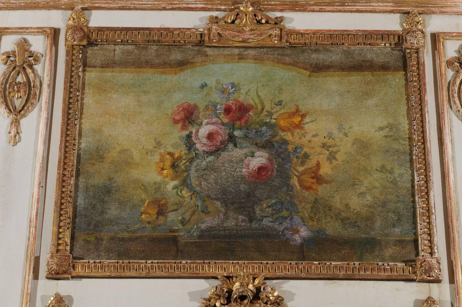 Louis XV Style French Wooden Trumeau Mirror with Painted Bouquet, circa 1850 3