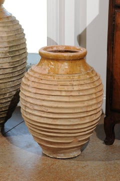 Greek Early 19th Century Round Terracotta Olive Jar with Ribbed Body and Glaze