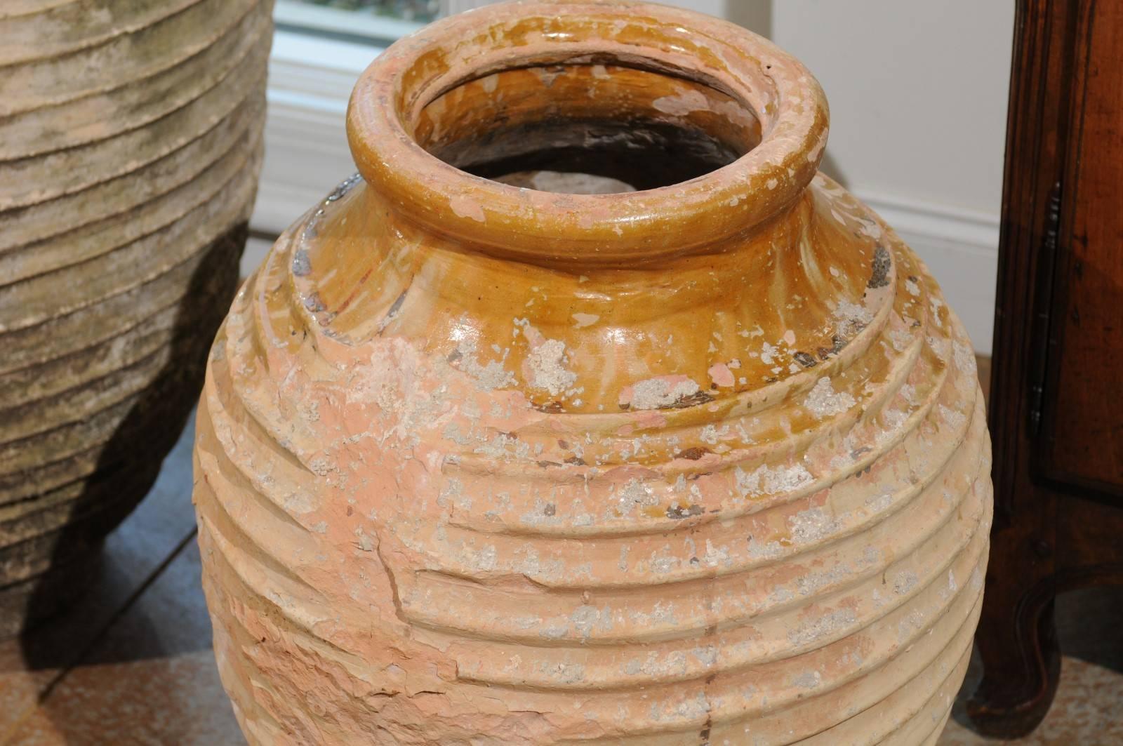 Greek Early 19th Century Round Terracotta Olive Jar with Ribbed Body and Glaze 3