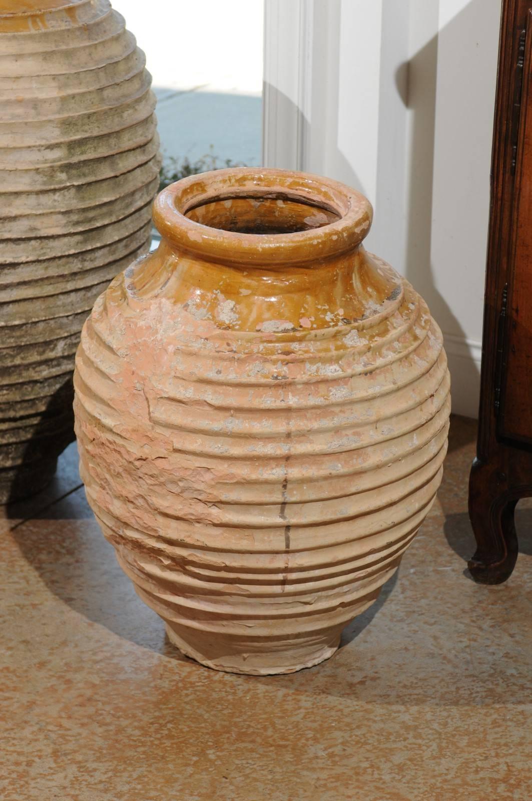 Greek Early 19th Century Round Terracotta Olive Jar with Ribbed Body and Glaze 2