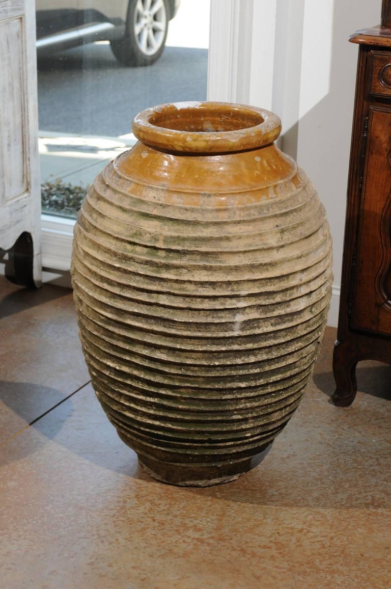 Early 19th Century Medium Size Greek Terracotta Olive Jar with Yellow Glaze For Sale at 1stdibs
