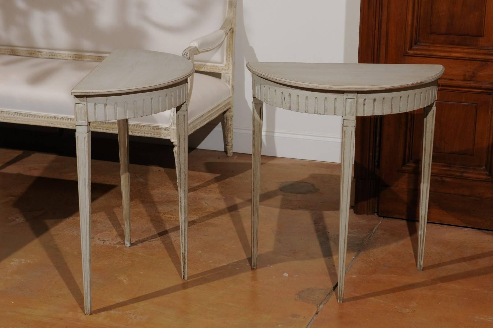 Pair of Swedish 19th Century Neoclassical Style Painted Demilune Console Tables 1