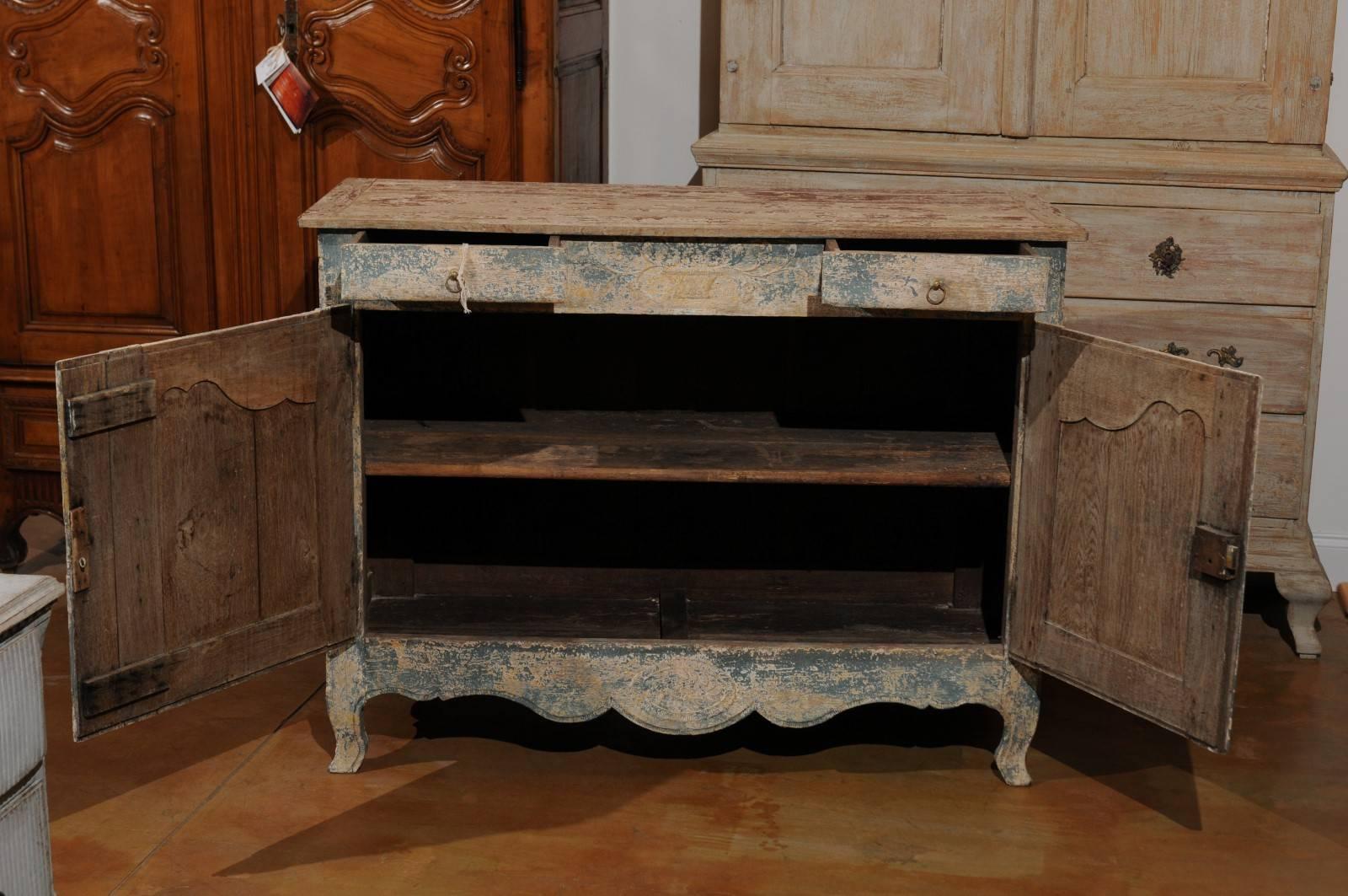 19th Century French 1800s Blue Grey Louis XV Style Two-Door Buffet with Distressed Finish