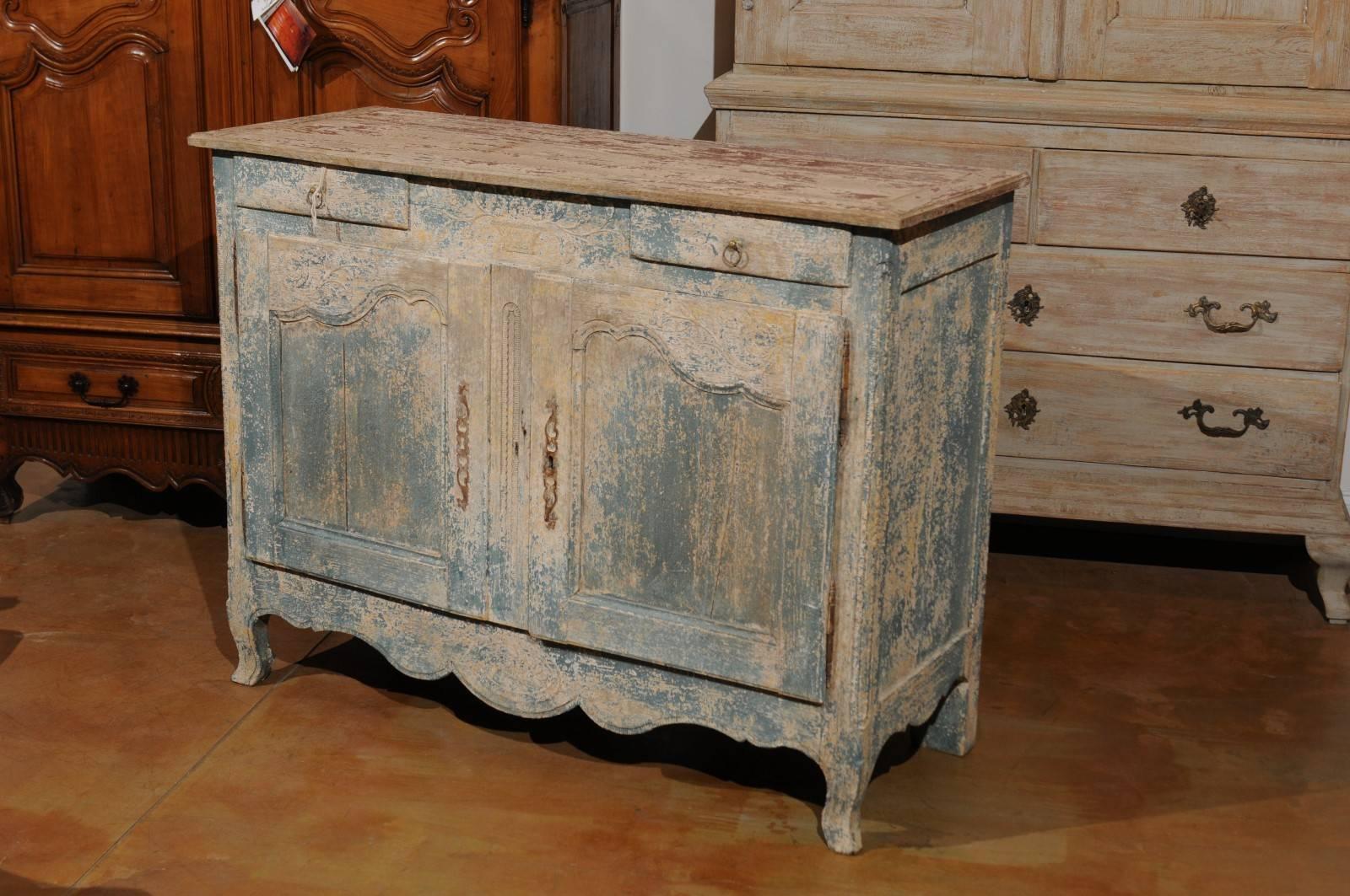 Wood French 1800s Blue Grey Louis XV Style Two-Door Buffet with Distressed Finish