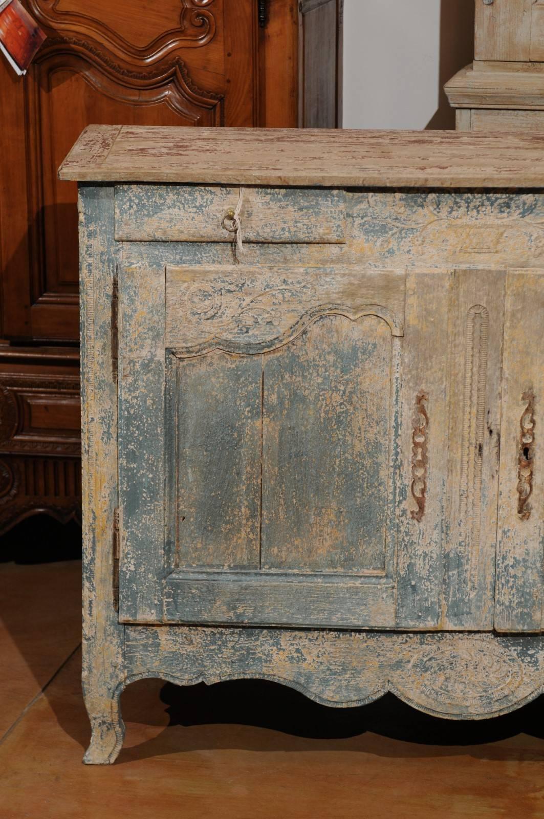 Painted French 1800s Blue Grey Louis XV Style Two-Door Buffet with Distressed Finish