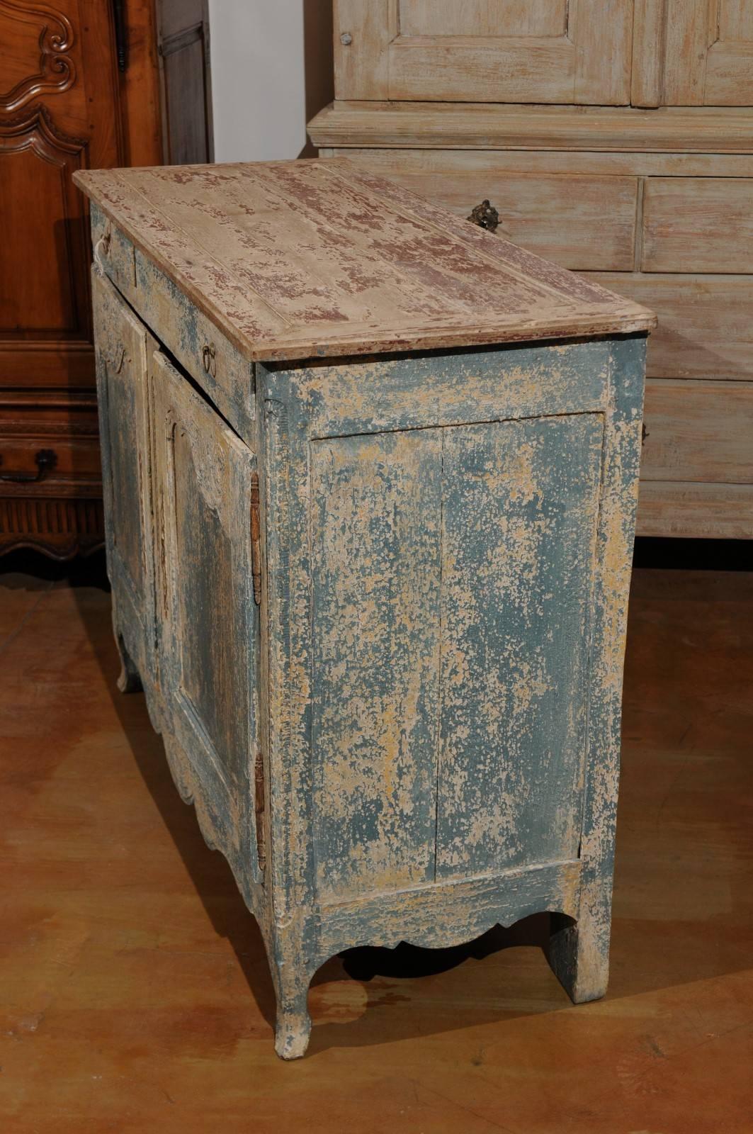 French 1800s Blue Grey Louis XV Style Two-Door Buffet with Distressed Finish 2