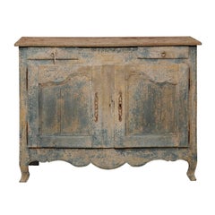 Antique French 1800s Blue Grey Louis XV Style Two-Door Buffet with Distressed Finish