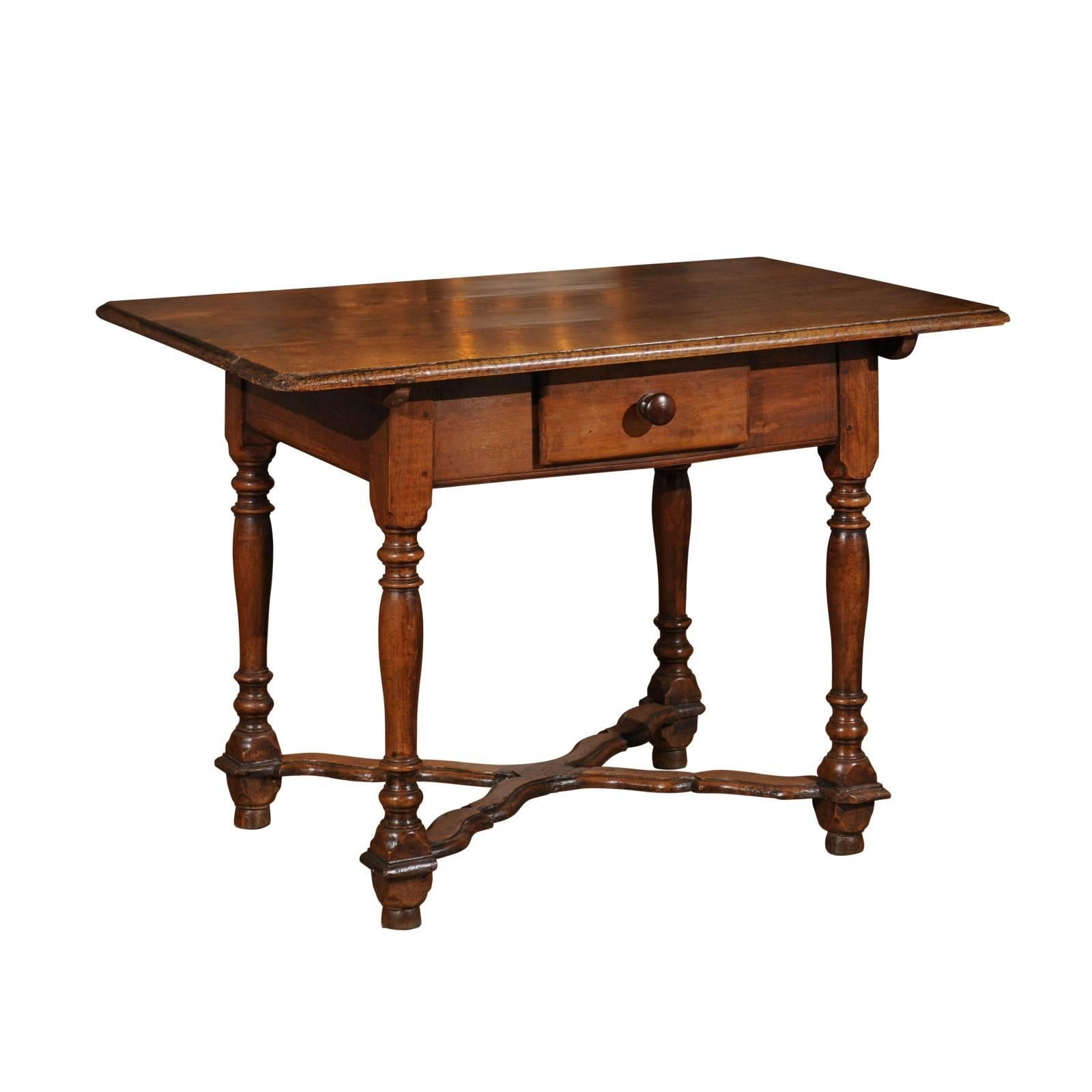 French Late 18th Century Walnut Side Table with X-Form Stretcher and Turned Legs