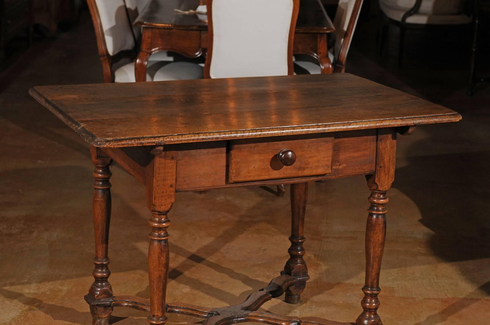 Wood French Late 18th Century Walnut Side Table with X-Form Stretcher and Turned Legs
