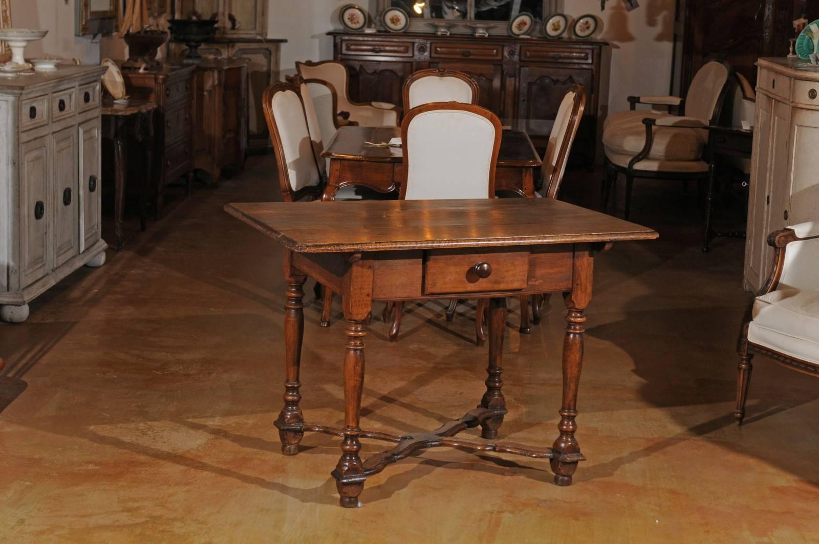 French Late 18th Century Walnut Side Table with X-Form Stretcher and Turned Legs In Good Condition In Atlanta, GA