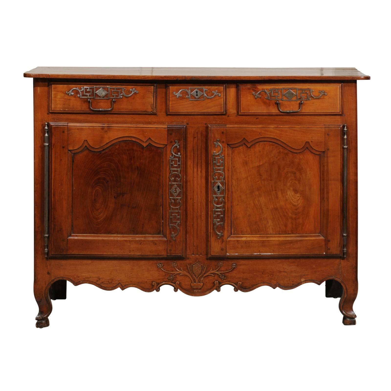 French 19th Century Cherry Three-Drawer and Two-Door Buffet with Floral Motifs