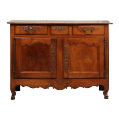 French 19th Century Cherry Three-Drawer and Two-Door Buffet with Floral Motifs
