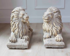 Pair of English 20th Century Composition Reclining Lion Sculptures with Patina
