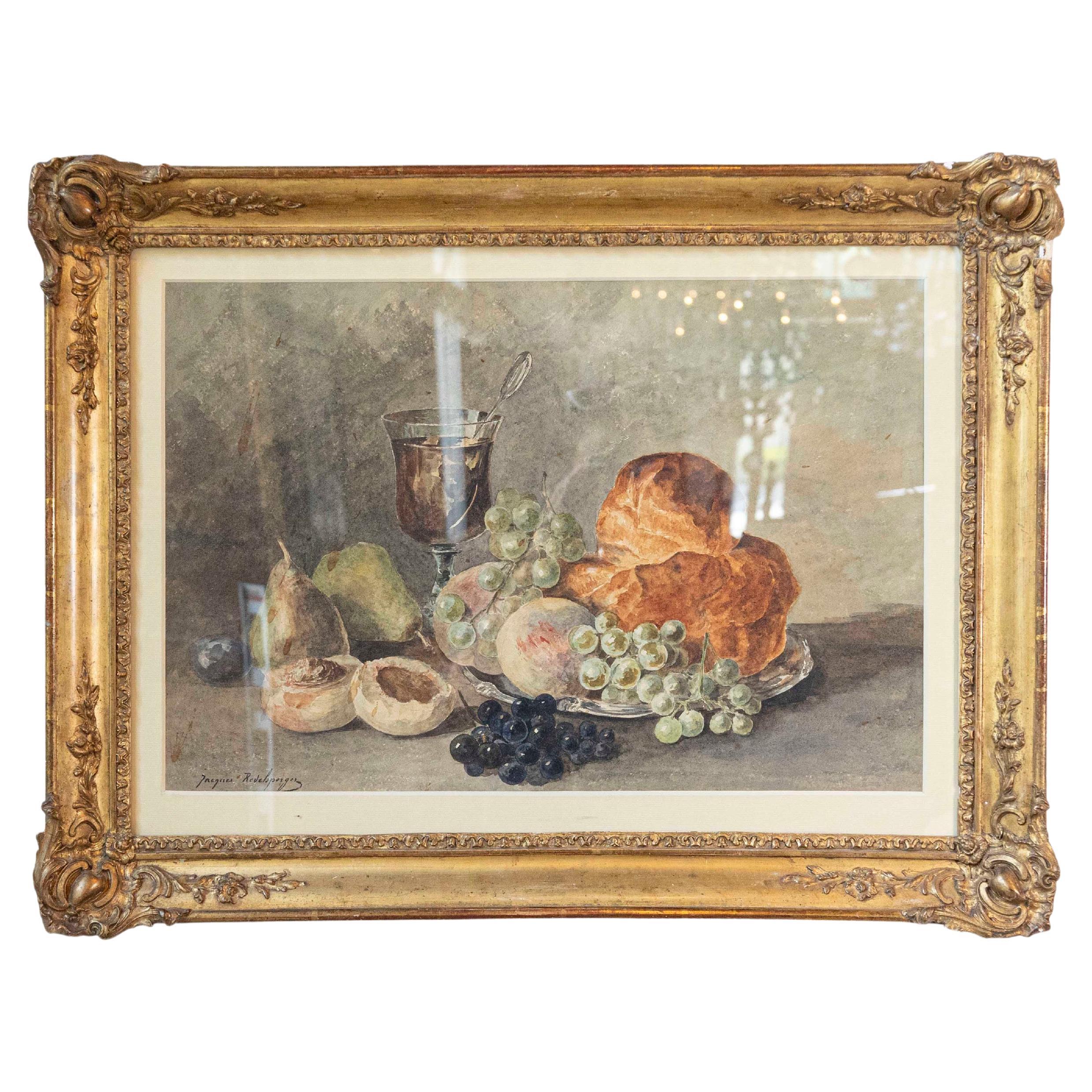 Acquerello francese di natura morta incorniciato firmato Jacques Redelsperger, 1887 circa in vendita
