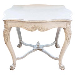Swedish 1850s Painted Center Table with Carved Volutes and Cross Stretcher