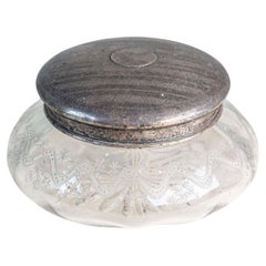 Small English 1920s Glass Vanity Jar with Incised Silver Lid and Etched Design