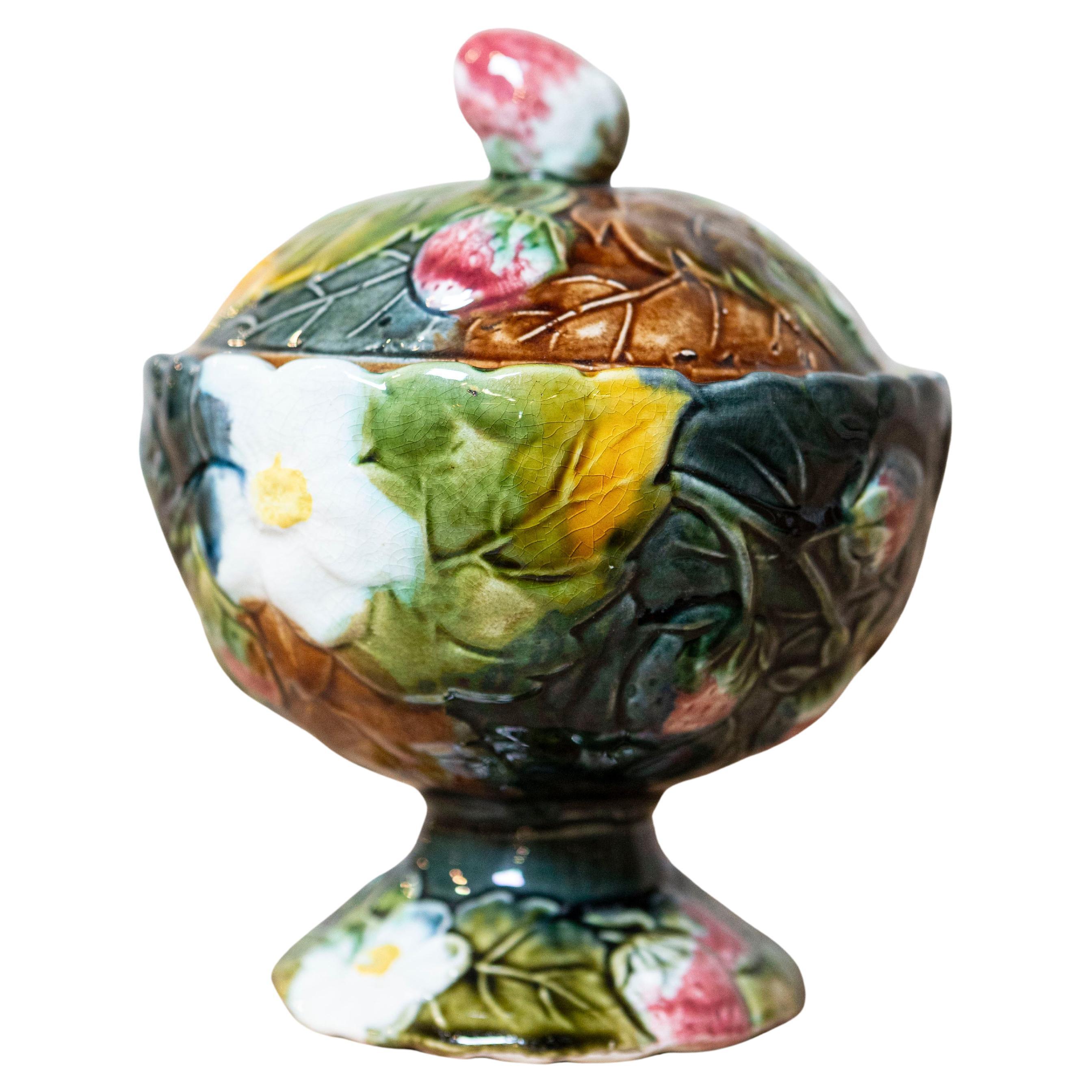 French 19th Century Lidded Majolica Strawberry Bowl with Flowers and Foliage For Sale