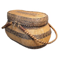 Antique Rustic Swedish 1890s Oval Two-Toned Wicker Basket with Large Handles