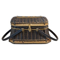 Antique Rustic Swedish 1890s Two-Toned Wicker Tapering Basket with Large Handles