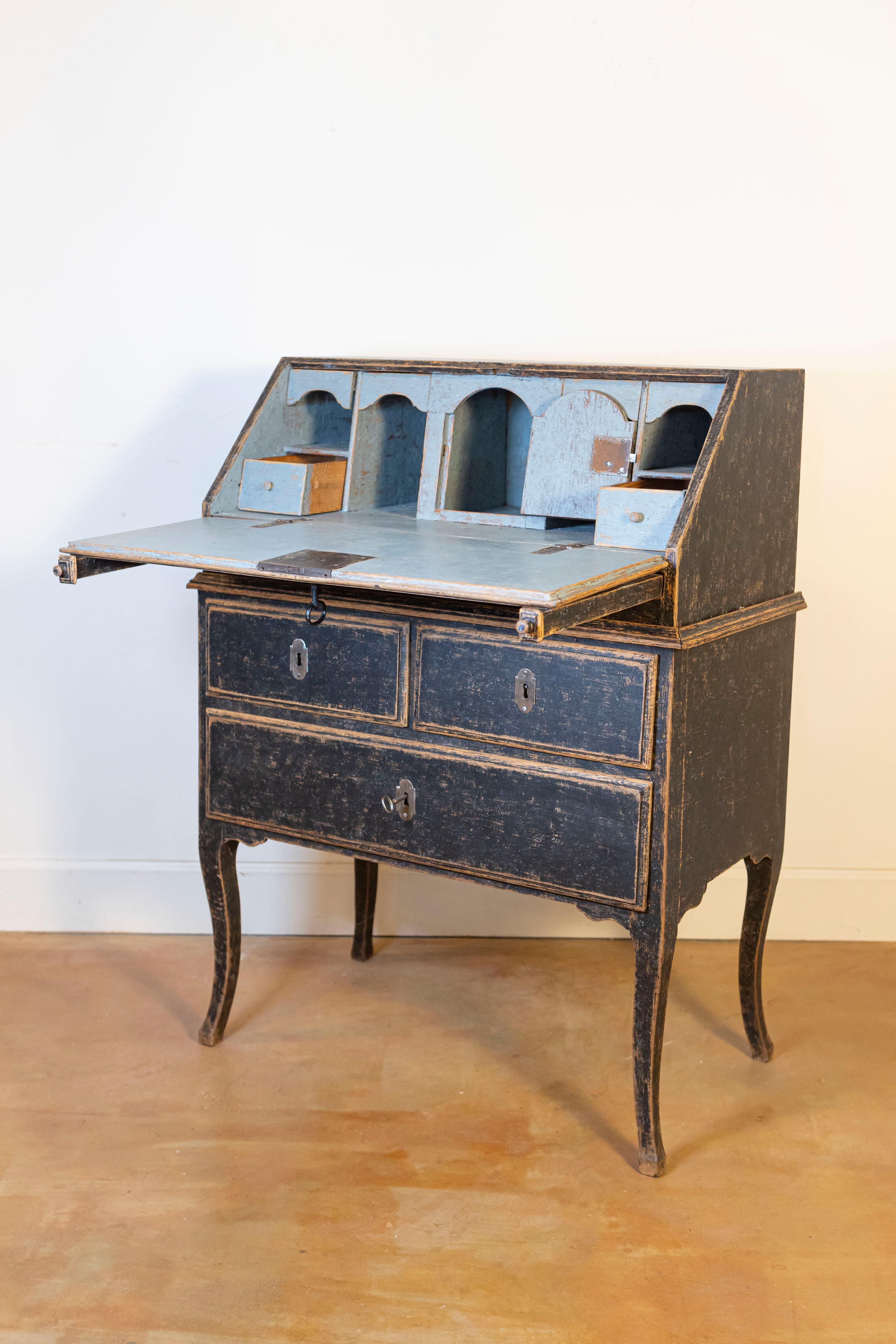 Carved Swedish Rococo Period Slant Front Desk Painted in Black with Distressed Finish