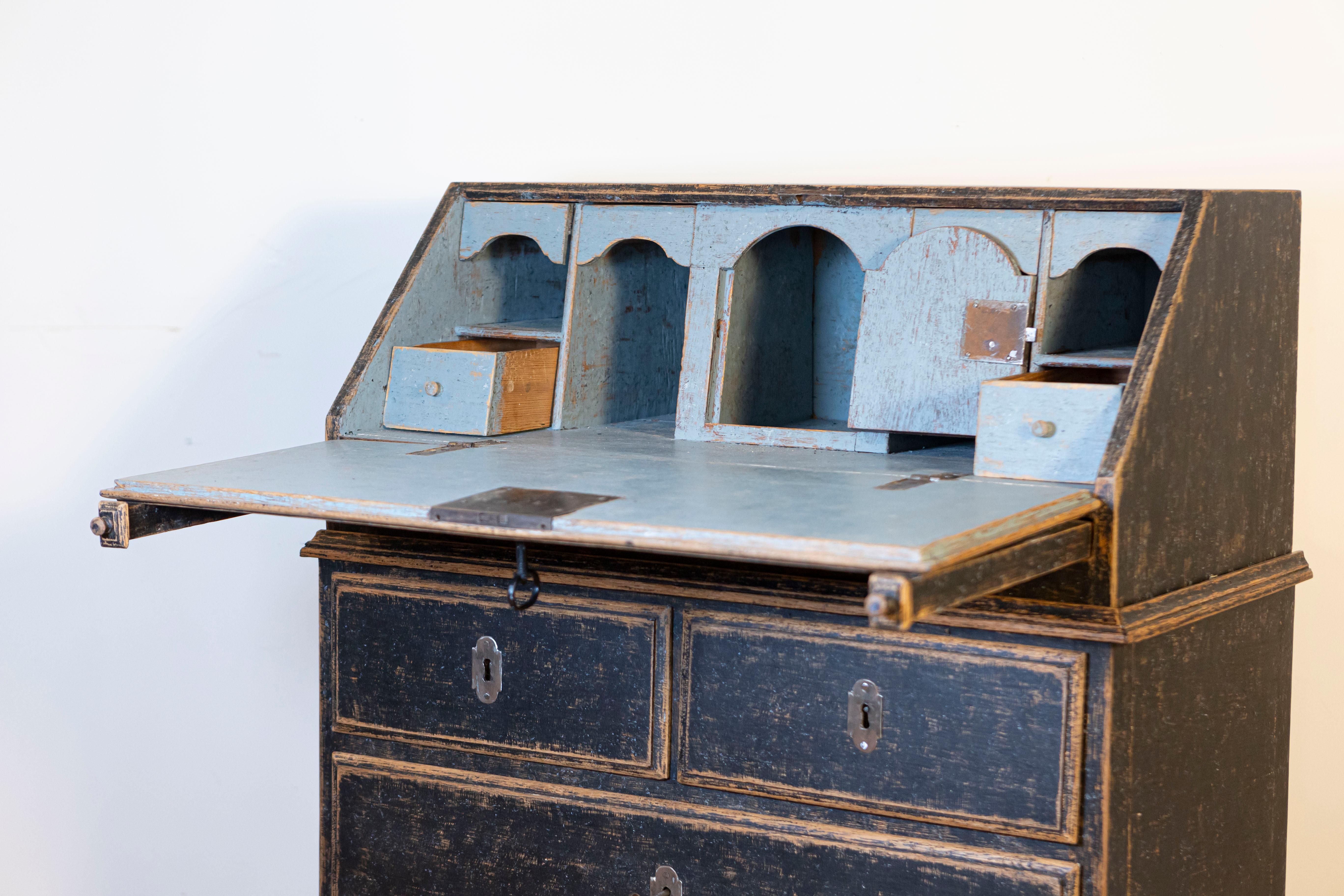 Swedish Rococo Period Slant Front Desk Painted in Black with Distressed Finish In Good Condition In Atlanta, GA