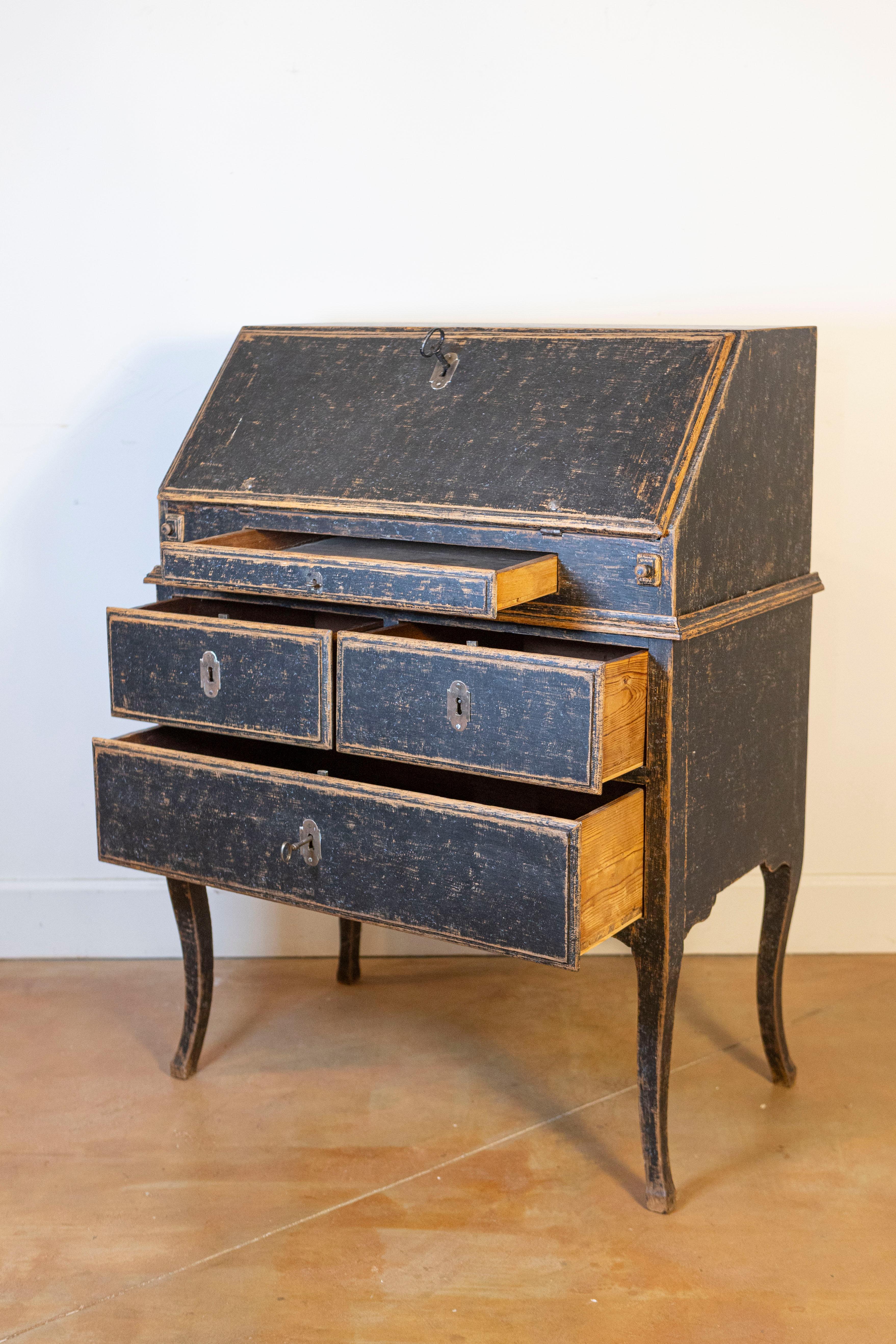 Swedish Rococo Period Slant Front Desk Painted in Black with Distressed Finish 2
