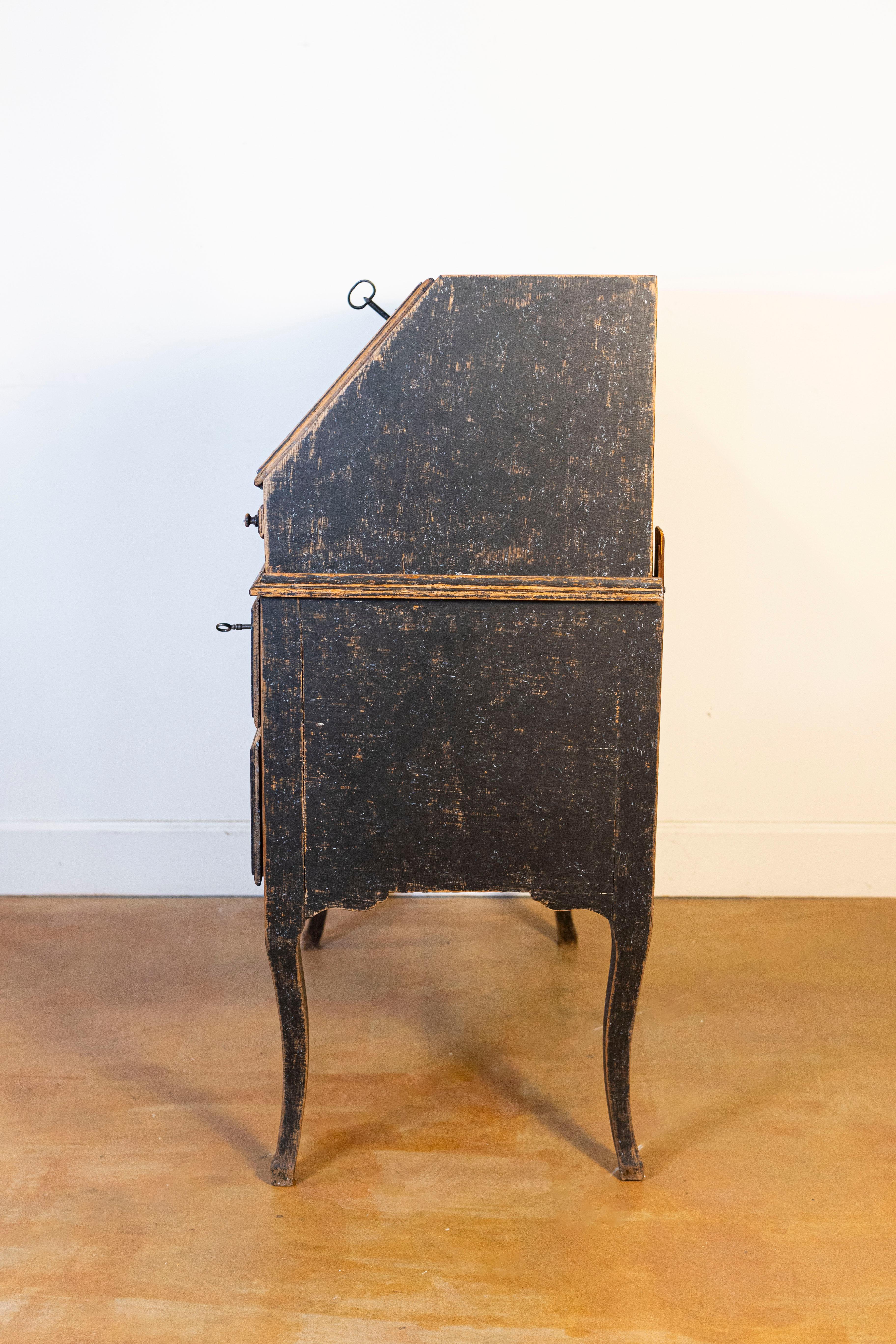 Swedish Rococo Period Slant Front Desk Painted in Black with Distressed Finish 3