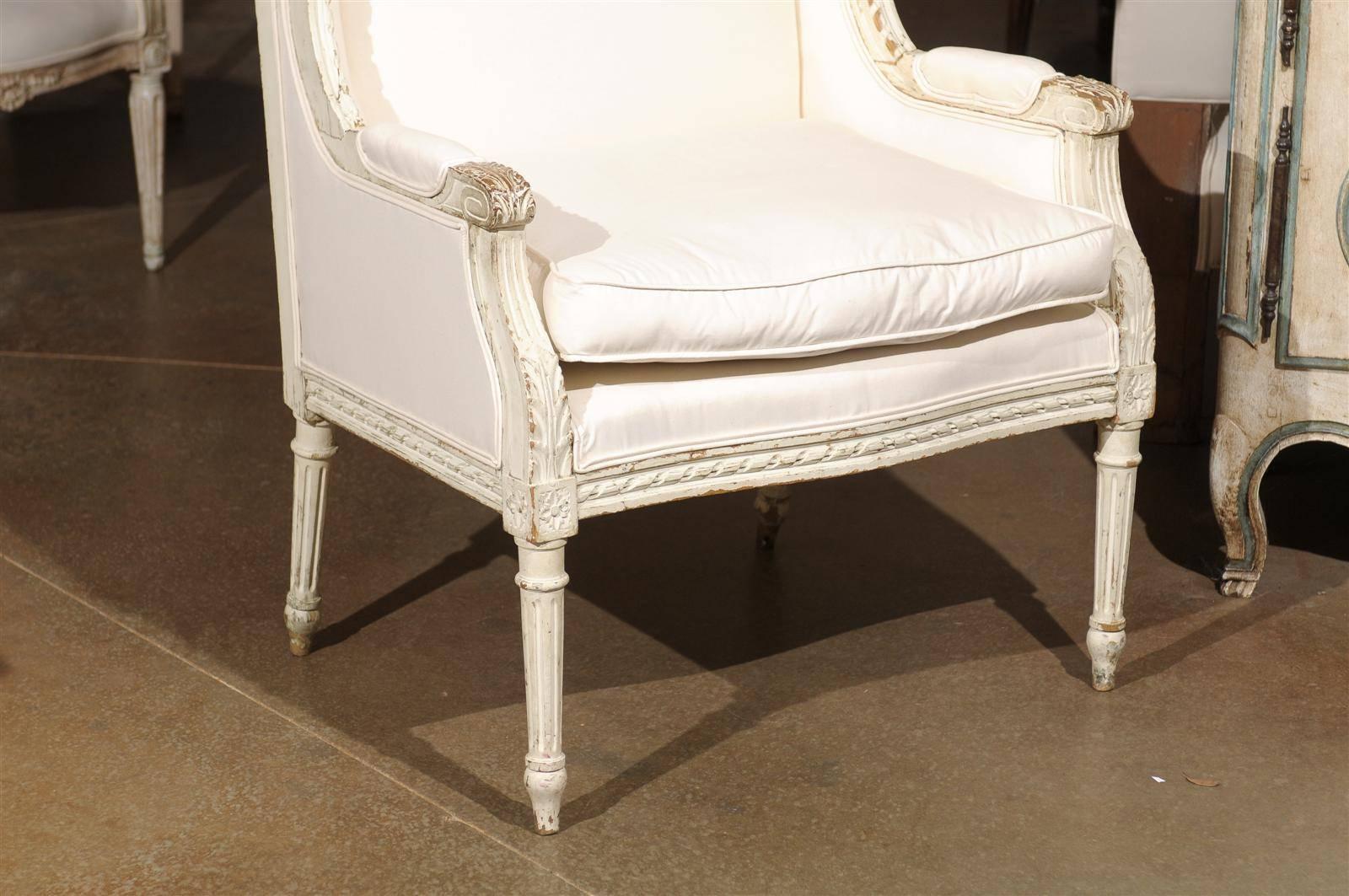 French Louis XVI Style Painted and Upholstered Bergère Chair with Custom Cushion 4
