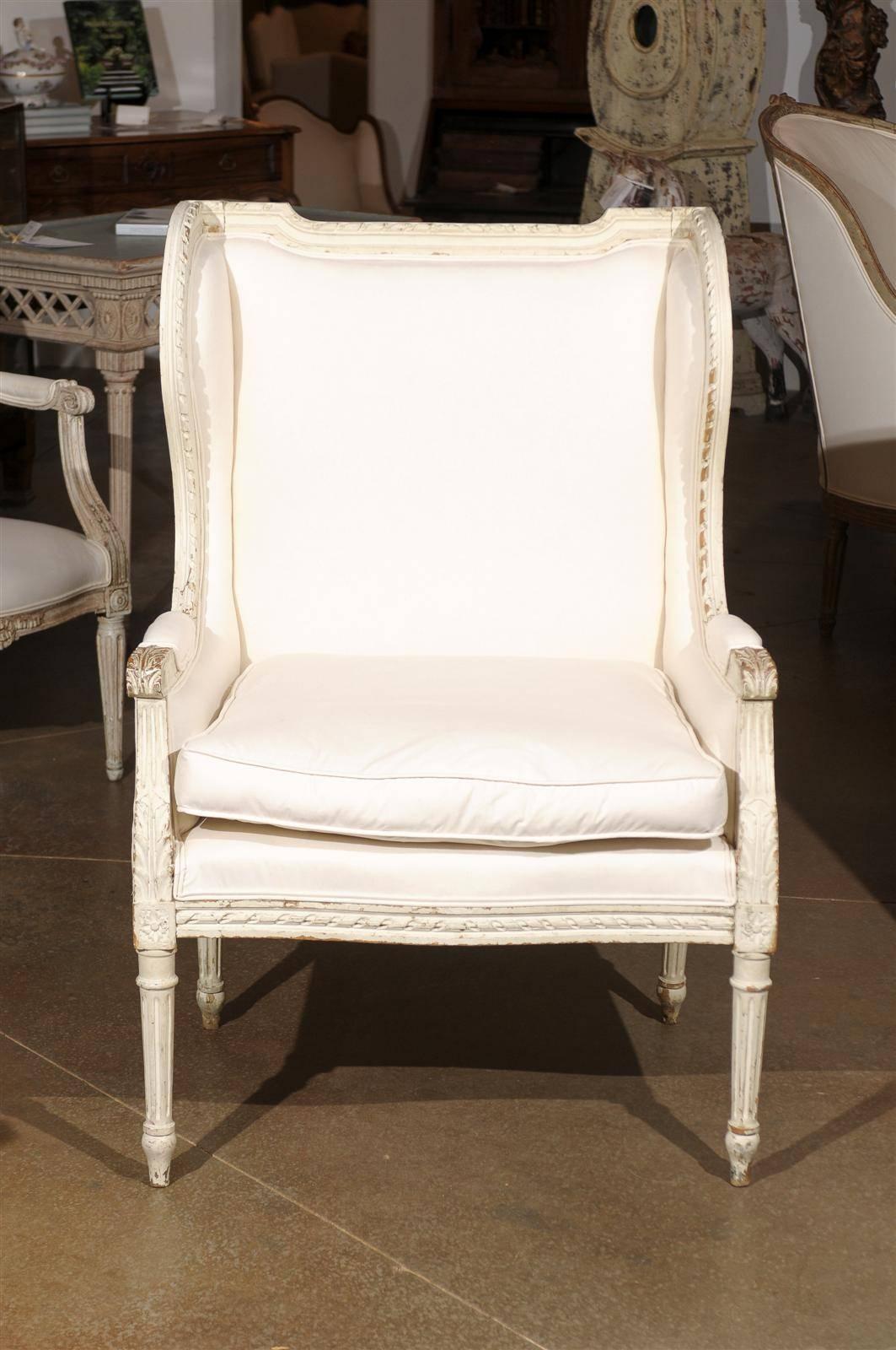 20th Century French Louis XVI Style Painted and Upholstered Bergère Chair with Custom Cushion