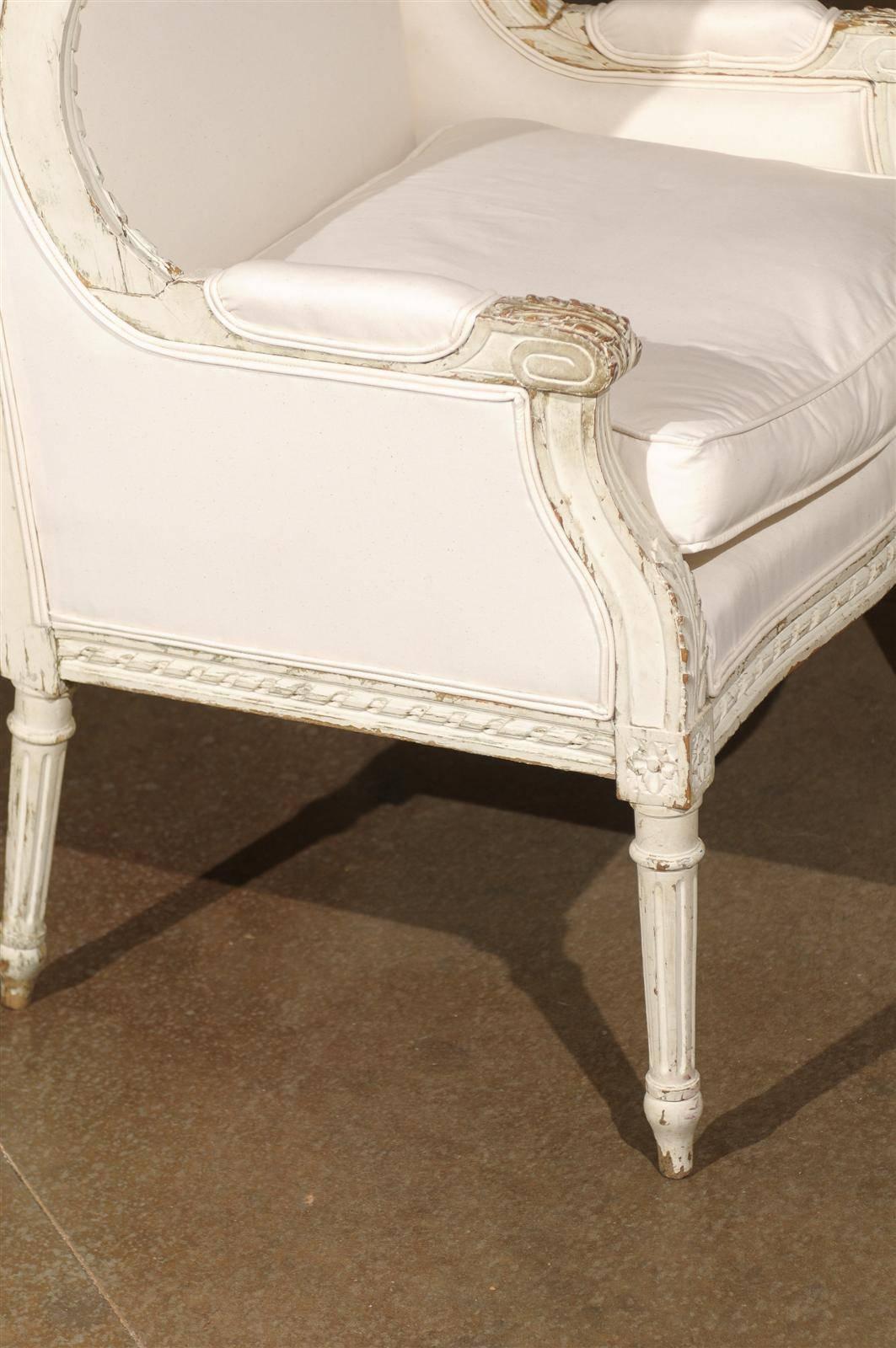 Upholstery French Louis XVI Style Painted and Upholstered Bergère Chair with Custom Cushion