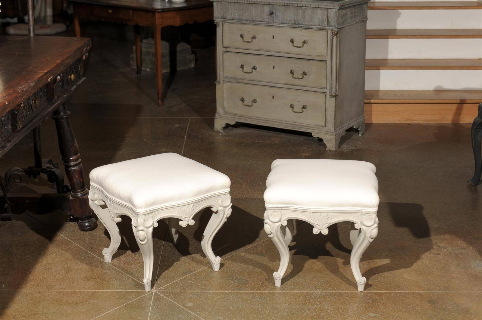 Pair of Swedish Rococo Style Carved Painted Upholstered Stools, circa 1890 In Good Condition For Sale In Atlanta, GA