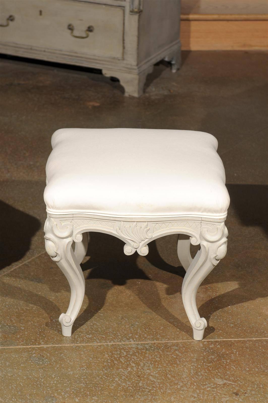 Upholstery Pair of Swedish Rococo Style Carved Painted Upholstered Stools, circa 1890 For Sale