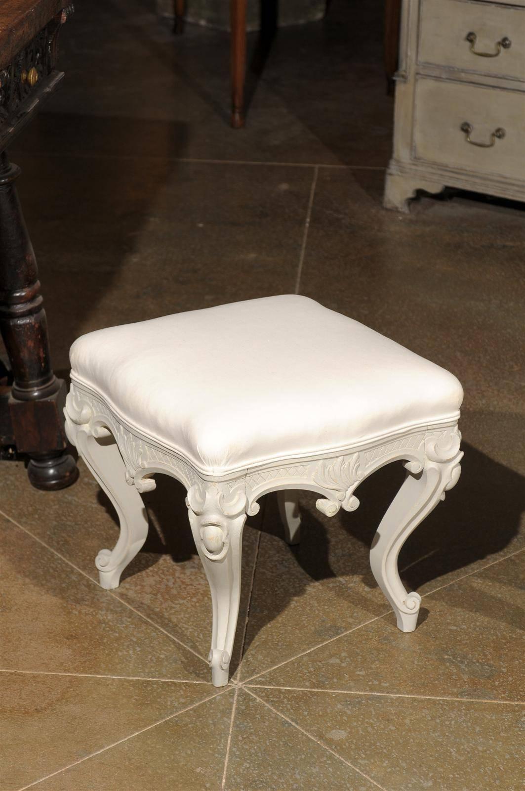 Pair of Swedish Rococo Style Carved Painted Upholstered Stools, circa 1890 For Sale 1