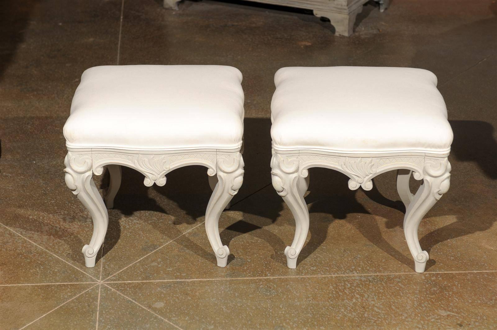 Pair of Swedish Rococo Style Carved Painted Upholstered Stools, circa 1890 For Sale 2