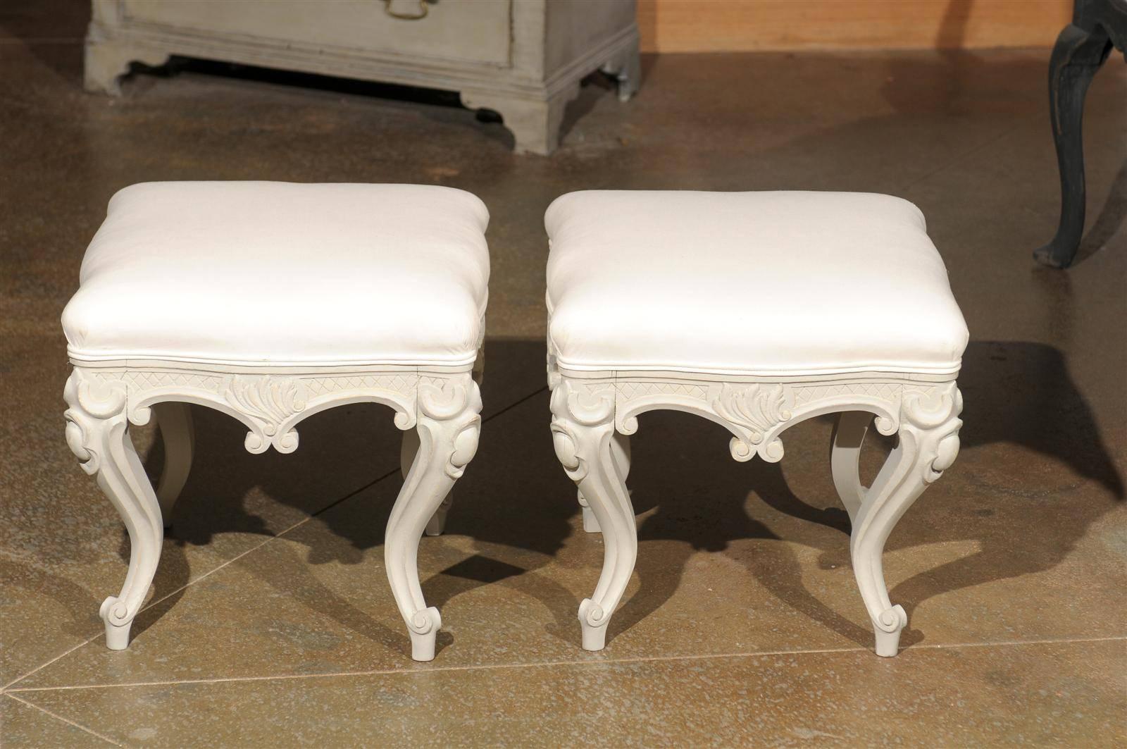 Pair of Swedish Rococo Style Carved Painted Upholstered Stools, circa 1890 For Sale 3