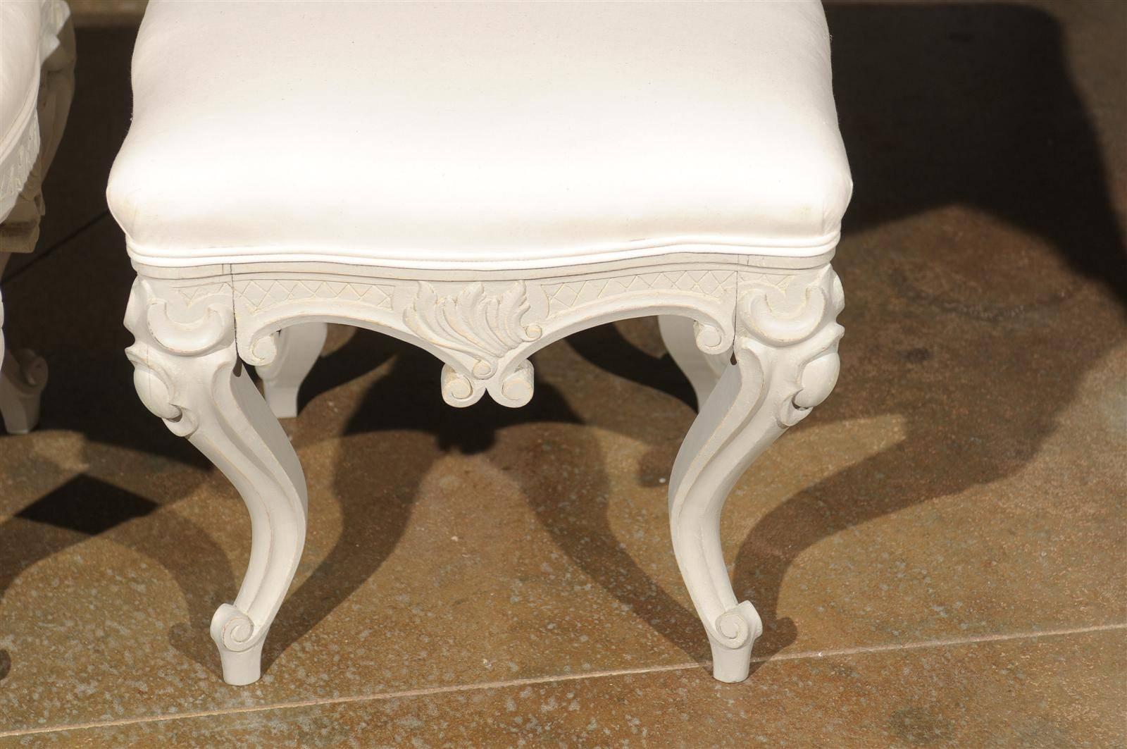 19th Century Pair of Swedish Rococo Style Carved Painted Upholstered Stools, circa 1890 For Sale