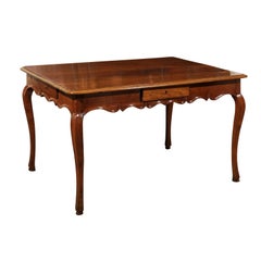 Antique French Louis XV Style 1850s Walnut Table with Four Drawers and Cabriole Legs
