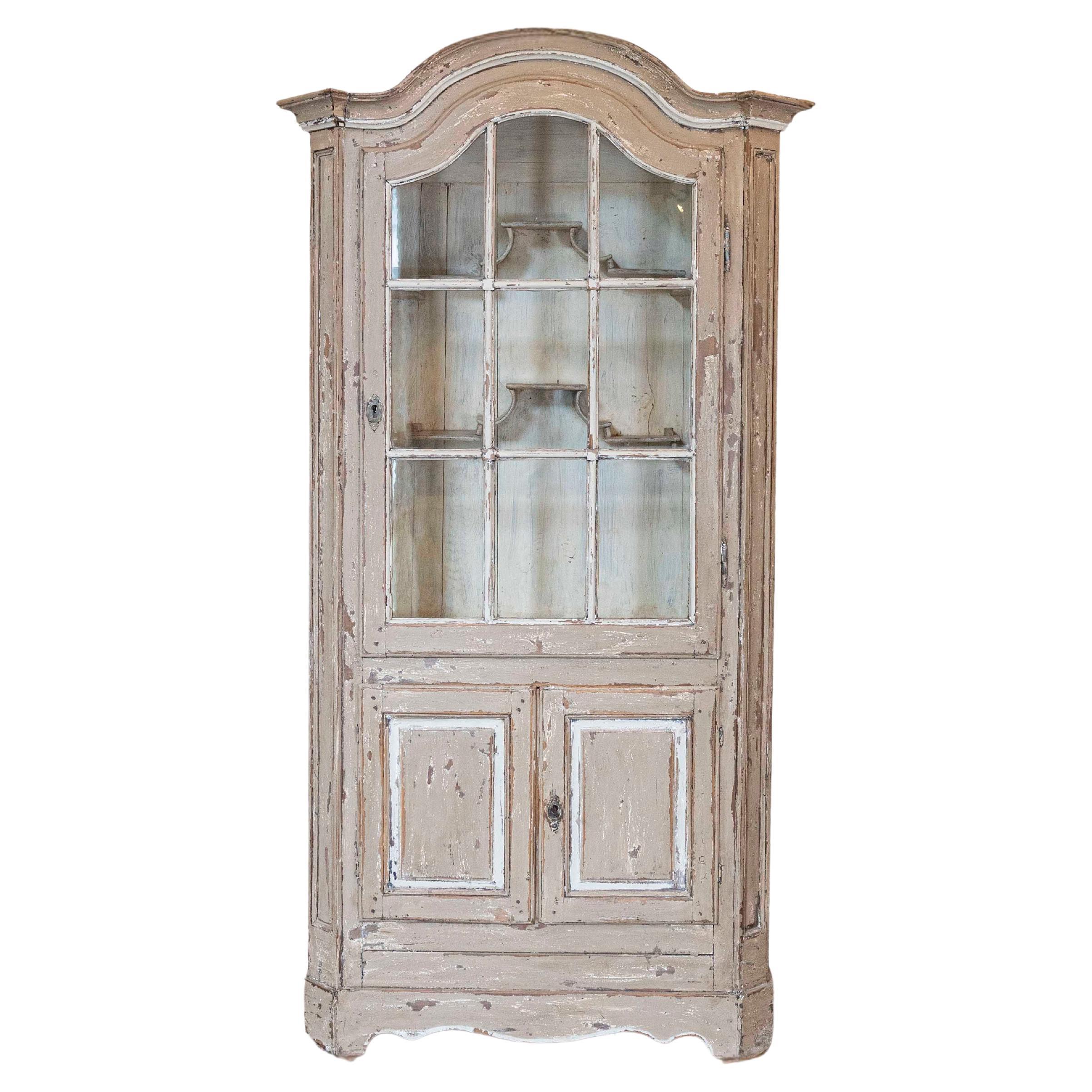 19th Century French Painted Vitrine Cabinet with Bonnet Top and Glass Door