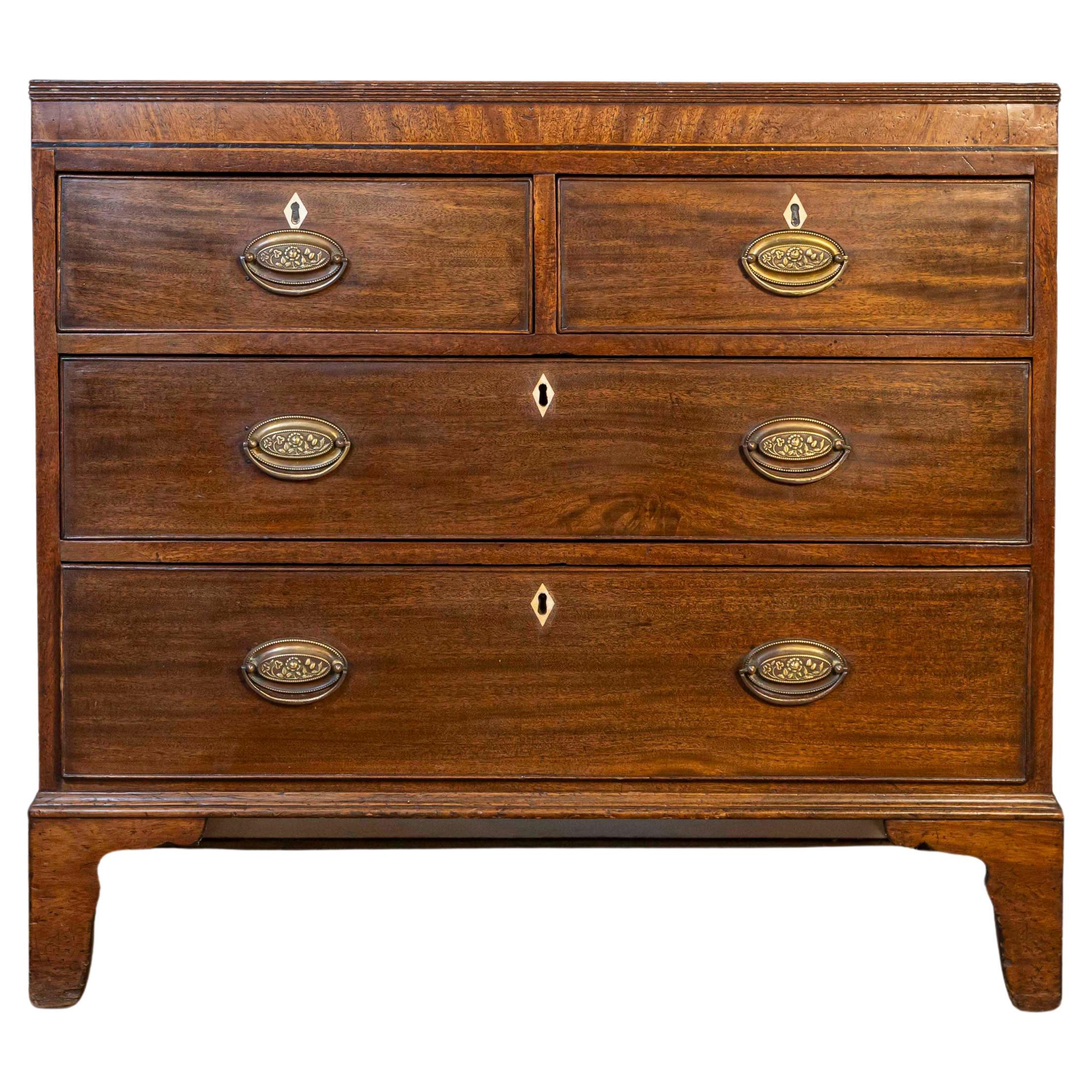 English Georgian Style Walnut Four-Drawer Chest with Sheraton Style Hardware For Sale