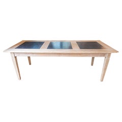 Southern French Midcentury Natural Oak Dining Table with Fossil Black Marble Top