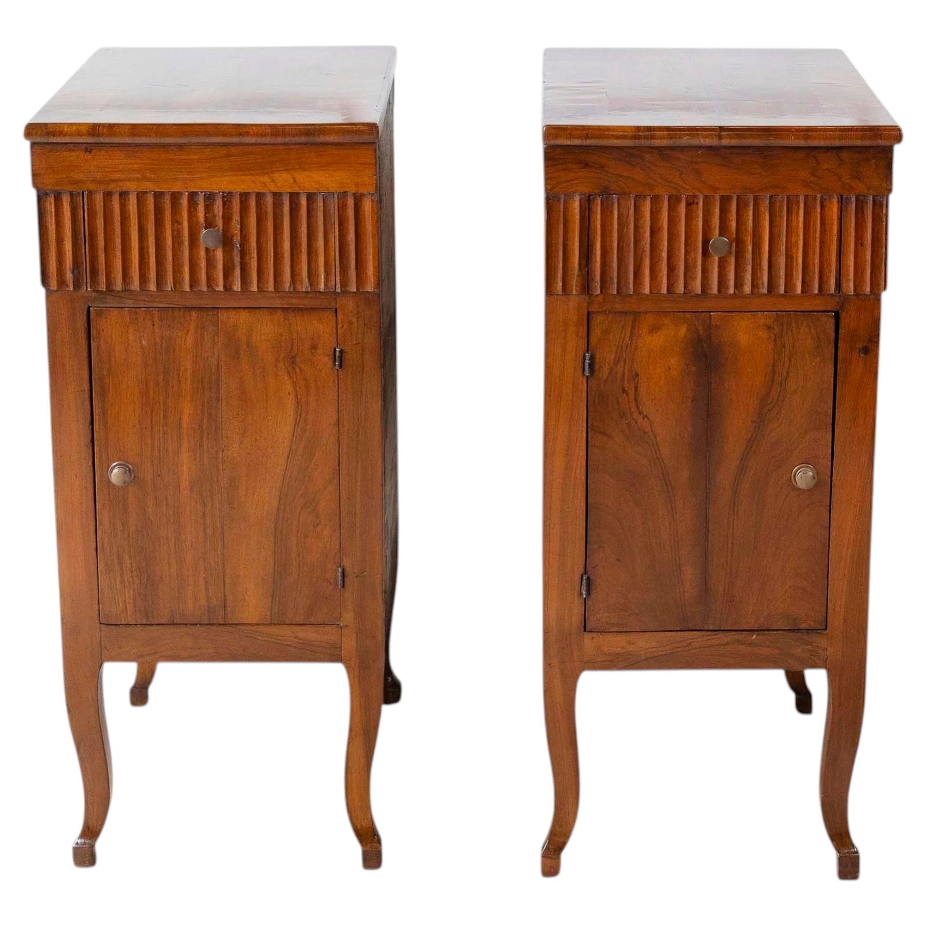 Pair of Italian 18th Century Walnut Bedside Chests with Carved Fluted Drawers