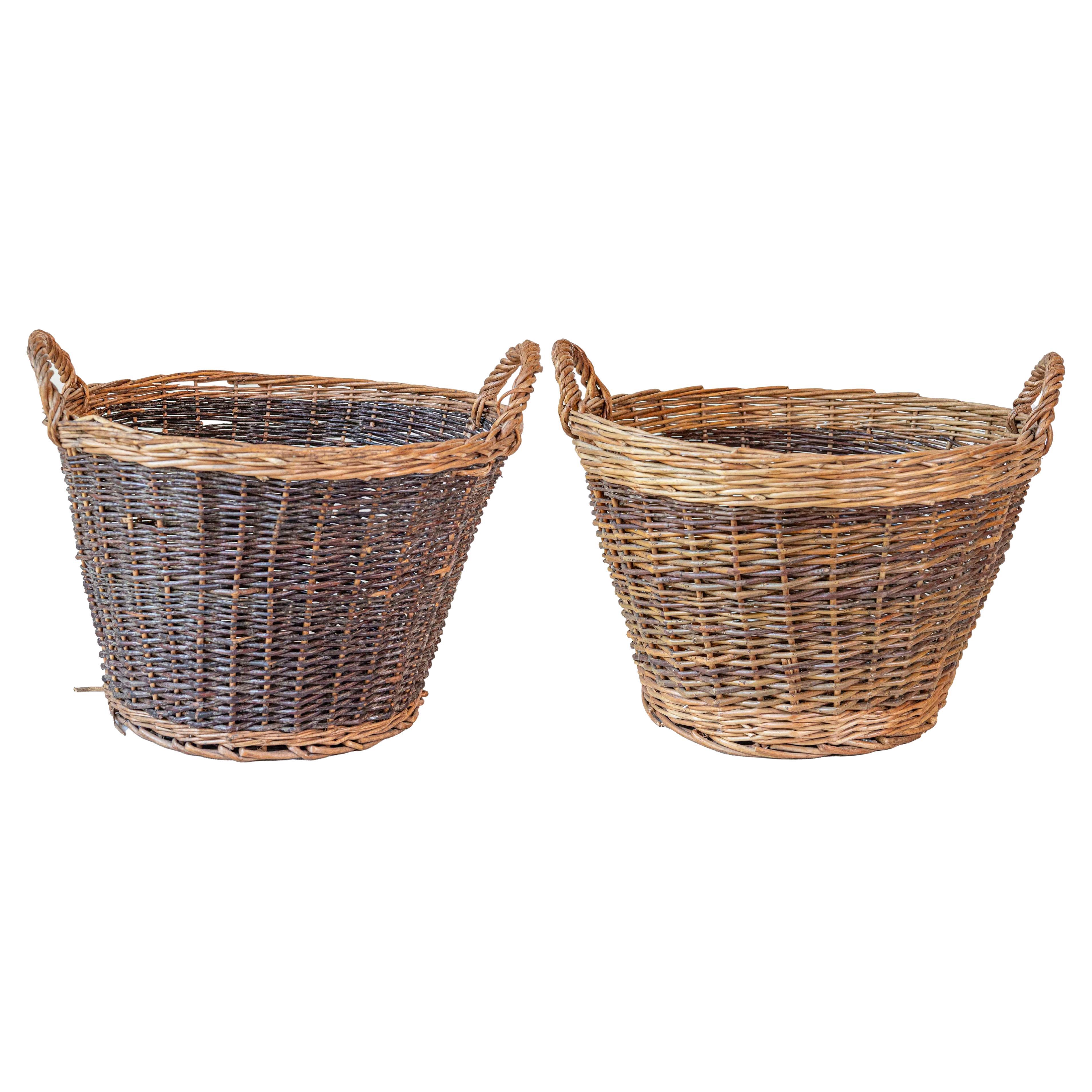 Handmade English Two Toned Wicker Baskets from Devon with Double Handles, Each For Sale