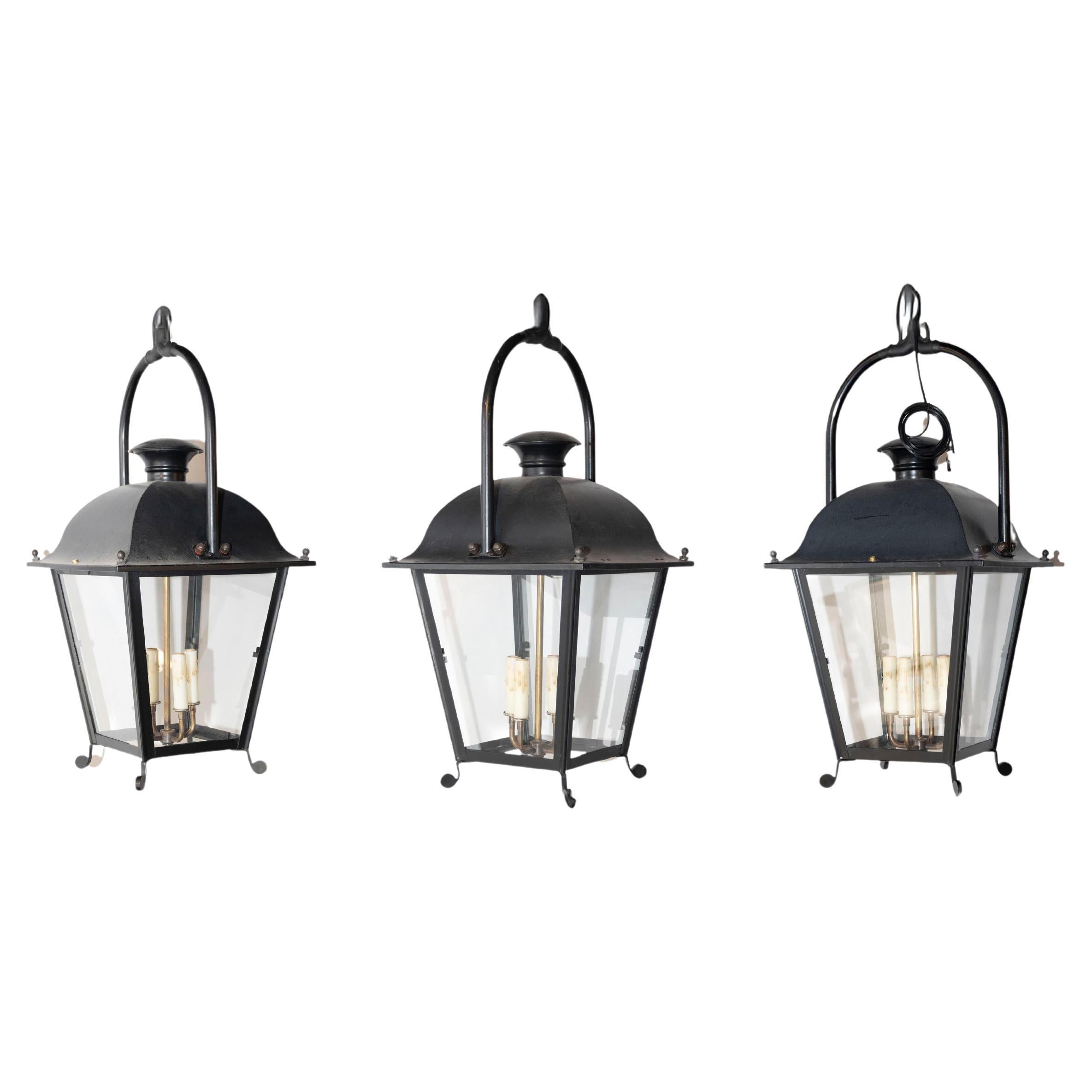 French 20th Century Black Iron Four-Light Lanterns with Glass Panels, Sold Each