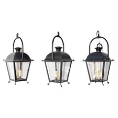French 20th Century Black Iron Four-Light Lanterns with Glass Panels, Sold Each