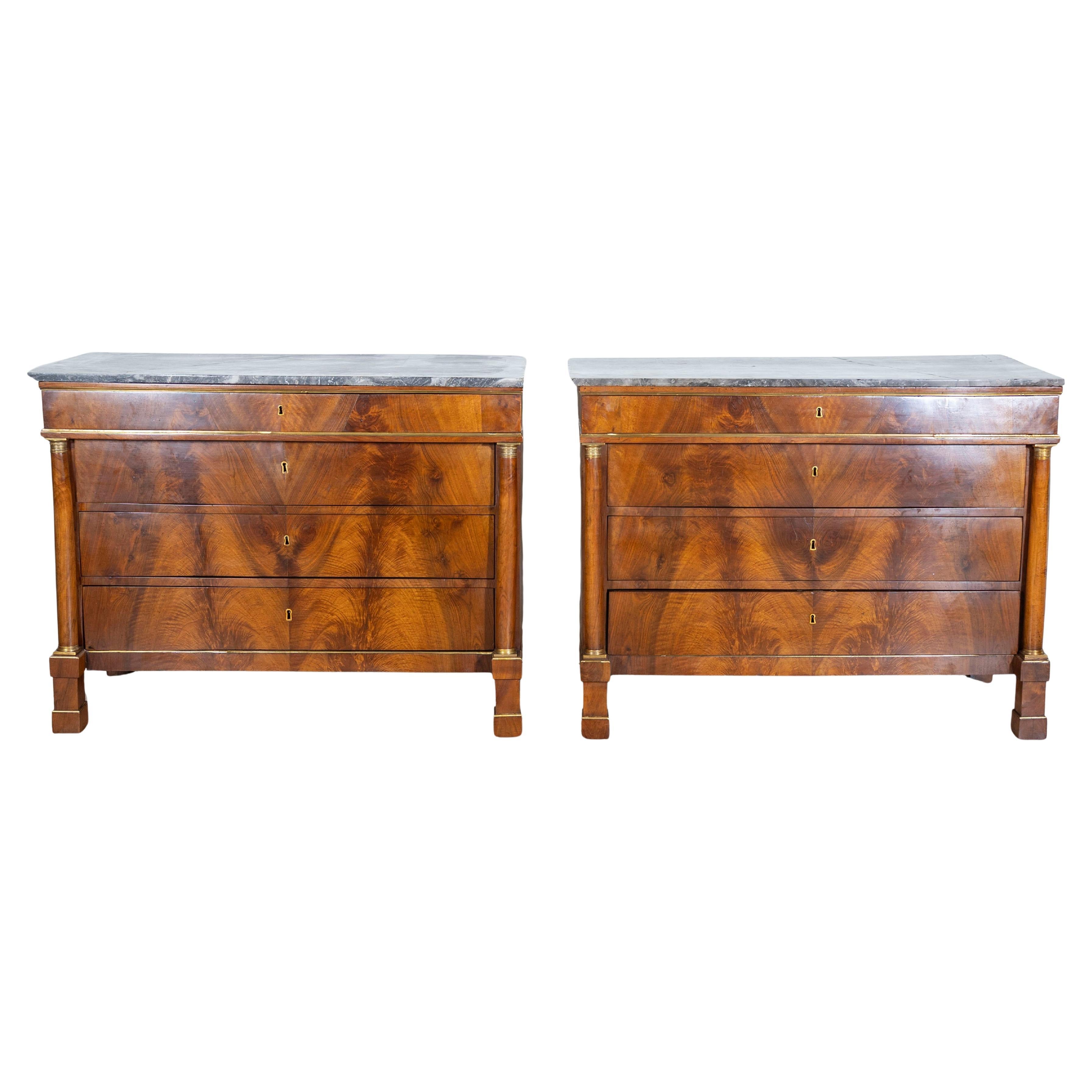 Pair of Early 19th Century Italian Walnut Commodes with Marble Tops For Sale