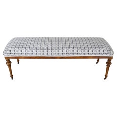 Pair of 19th-Century Walnut Upholstered Benches with Turned Legs and Casters
